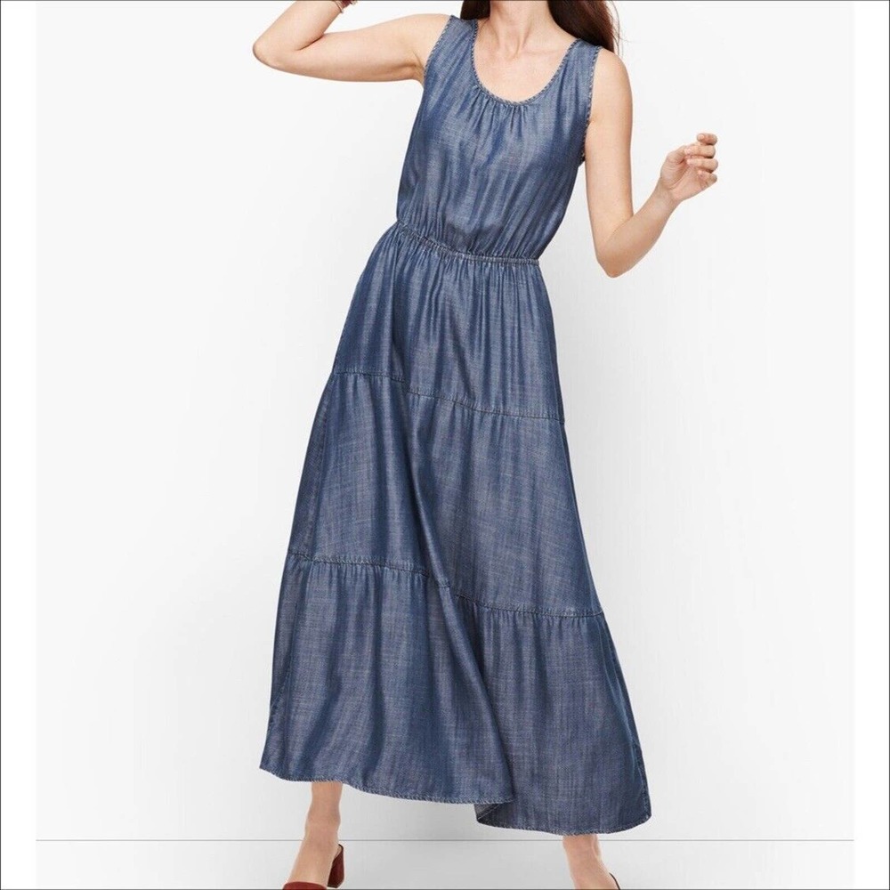 Talbots Blue Denim Tiered Jumper Maxi Dress Sleeveless Blue 6 Modest New